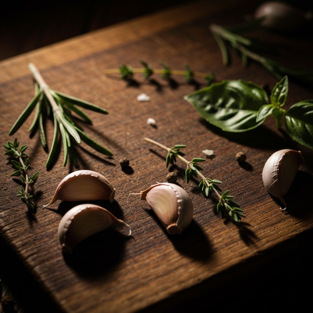 Fresh herbs and natural plant ingredients on wooden surface